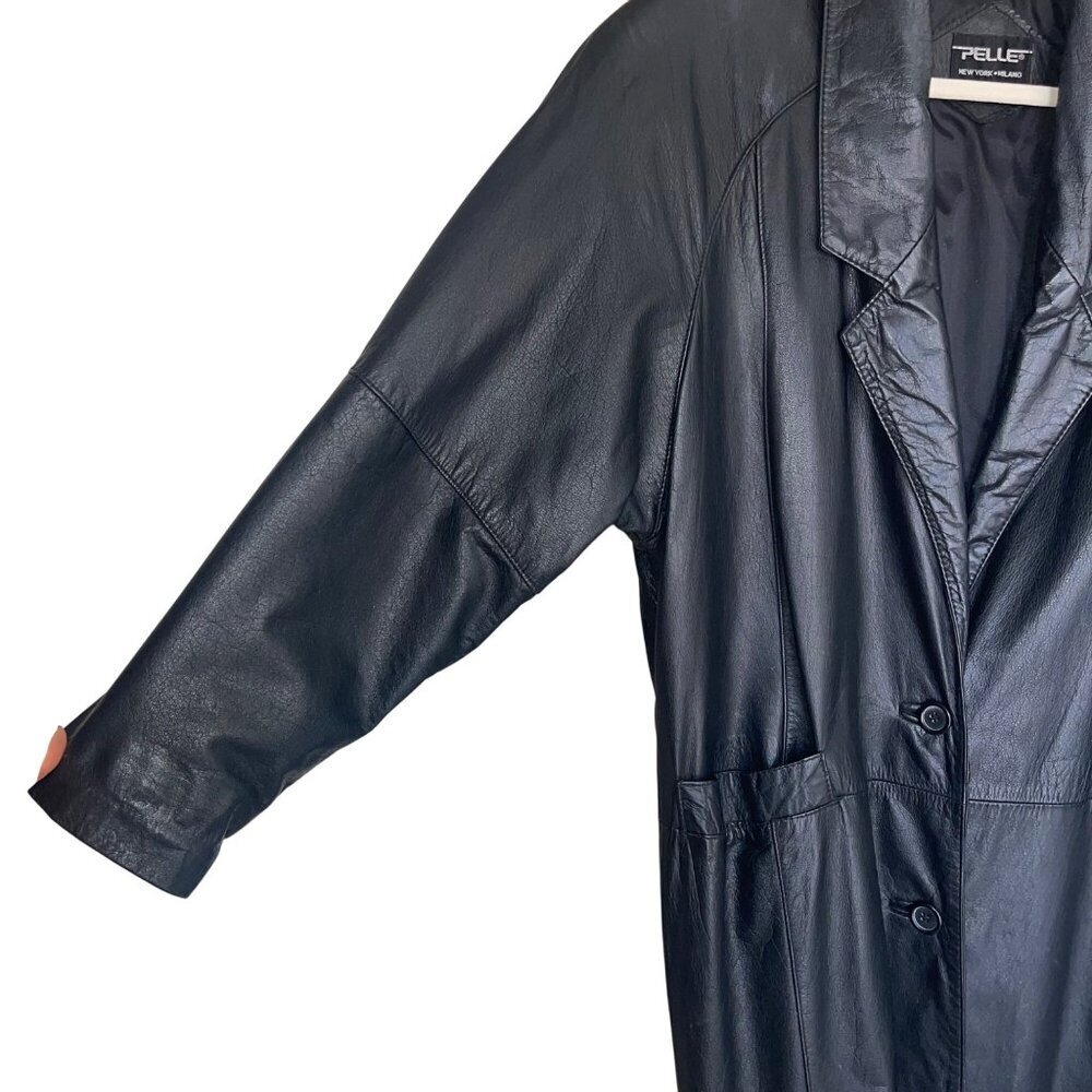 Pelle Vintage Womens Coat Size Medium Black Leather Trench Casual New York - Picture 8 of 16